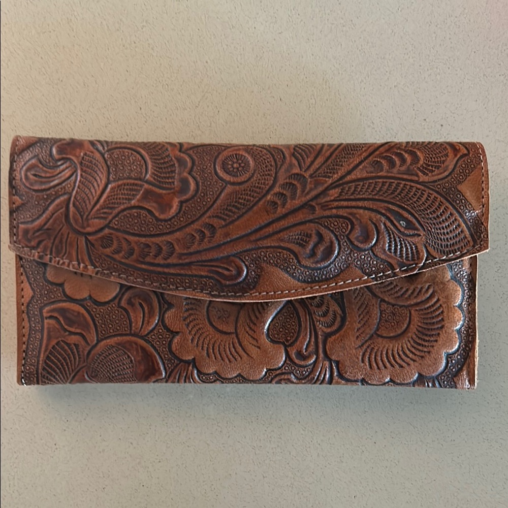Brown Tooled Leather Wallet with Intricate Floral Design